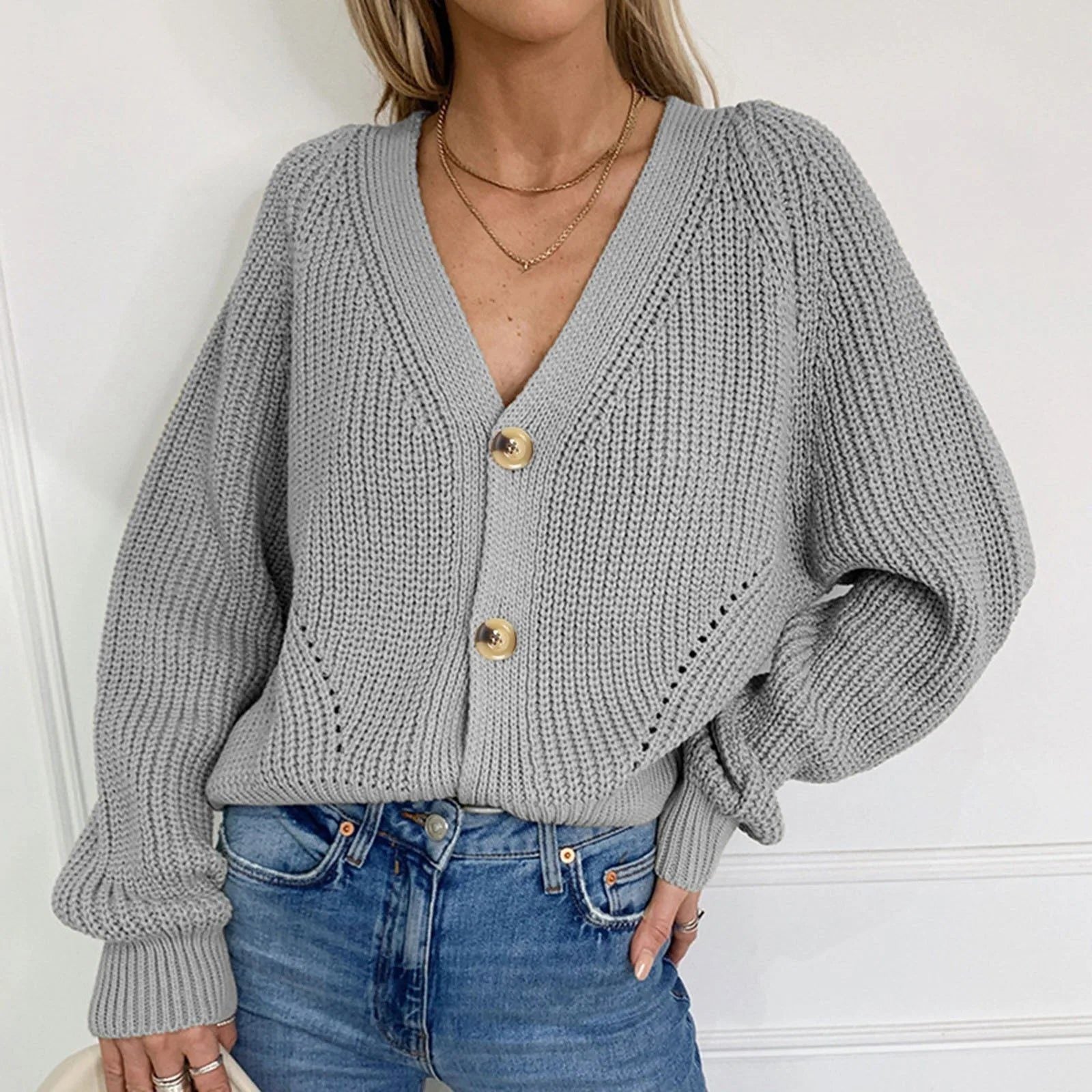 Women's Cropped Cardigan V-Neck Puff Sleeves Stylish Layering Casual