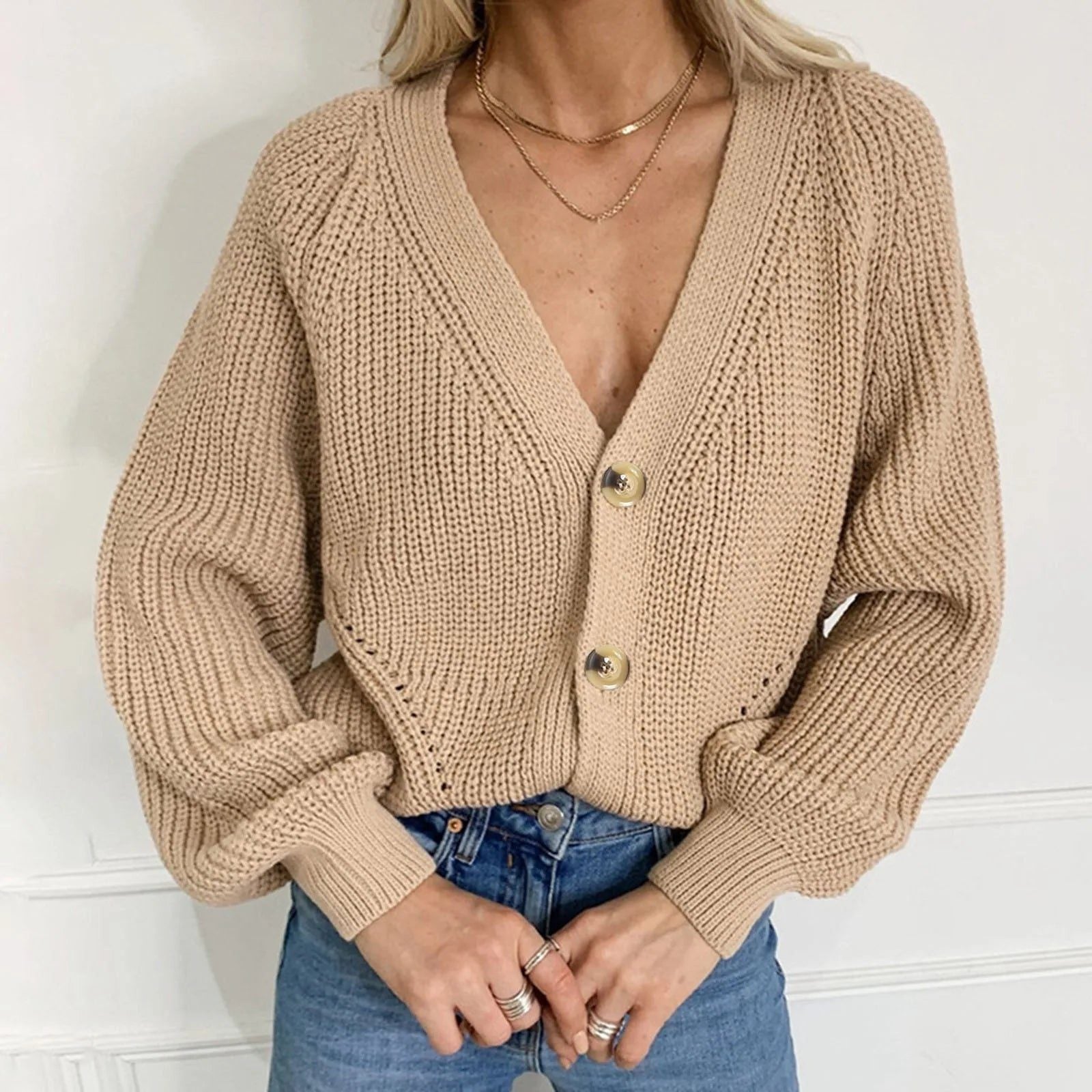 Women's Cropped Cardigan V-Neck Puff Sleeves Stylish Layering Casual