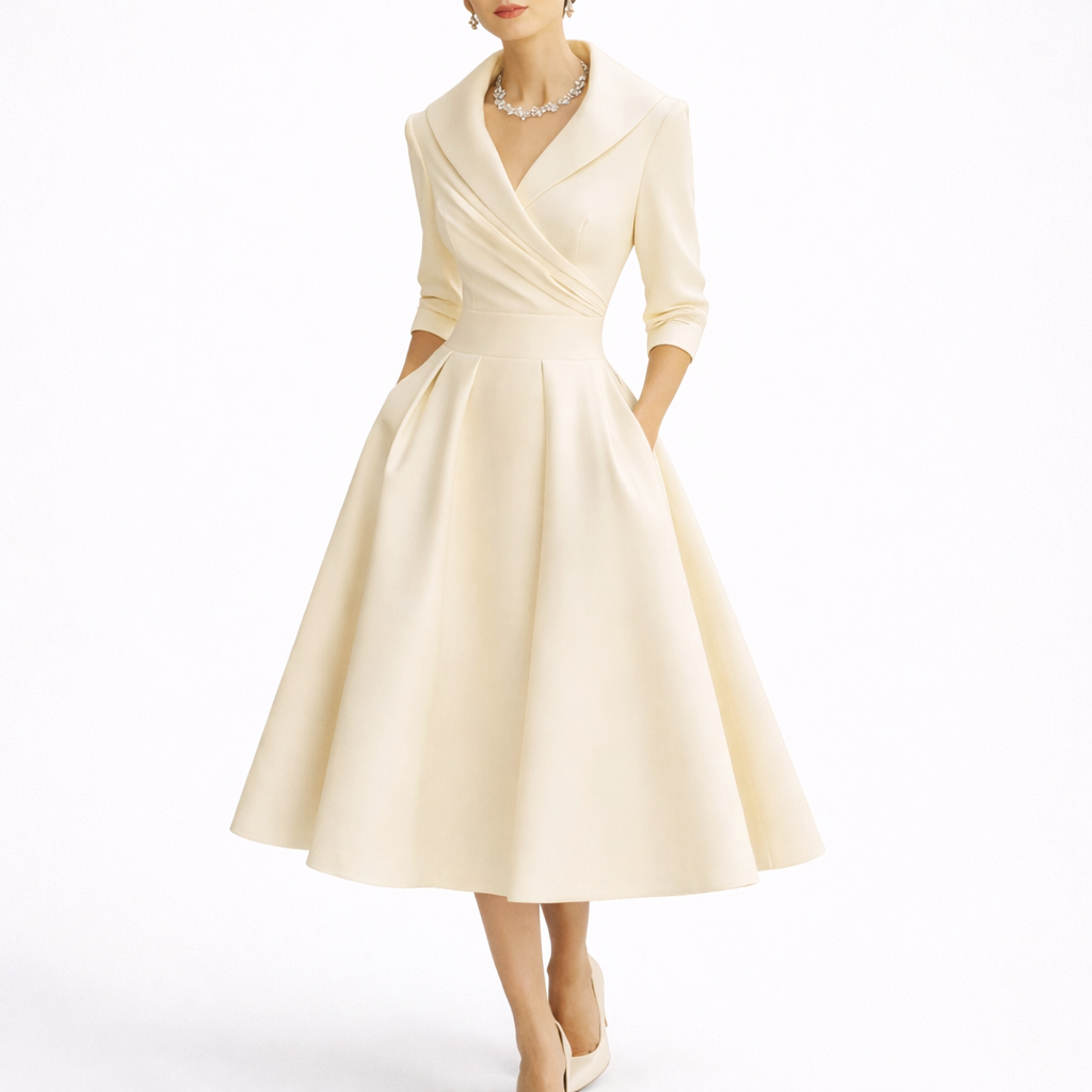 Women's Elegant Midi Dress Short Sleeve V-Neck A-Line Stylish Evening