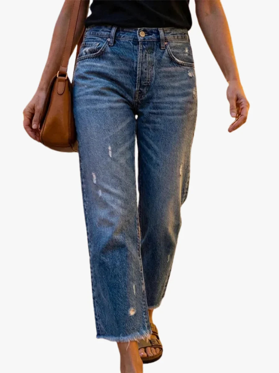 Women's Cropped Distressed Straight Leg Jeans Casual Everyday Stylish Fashion
