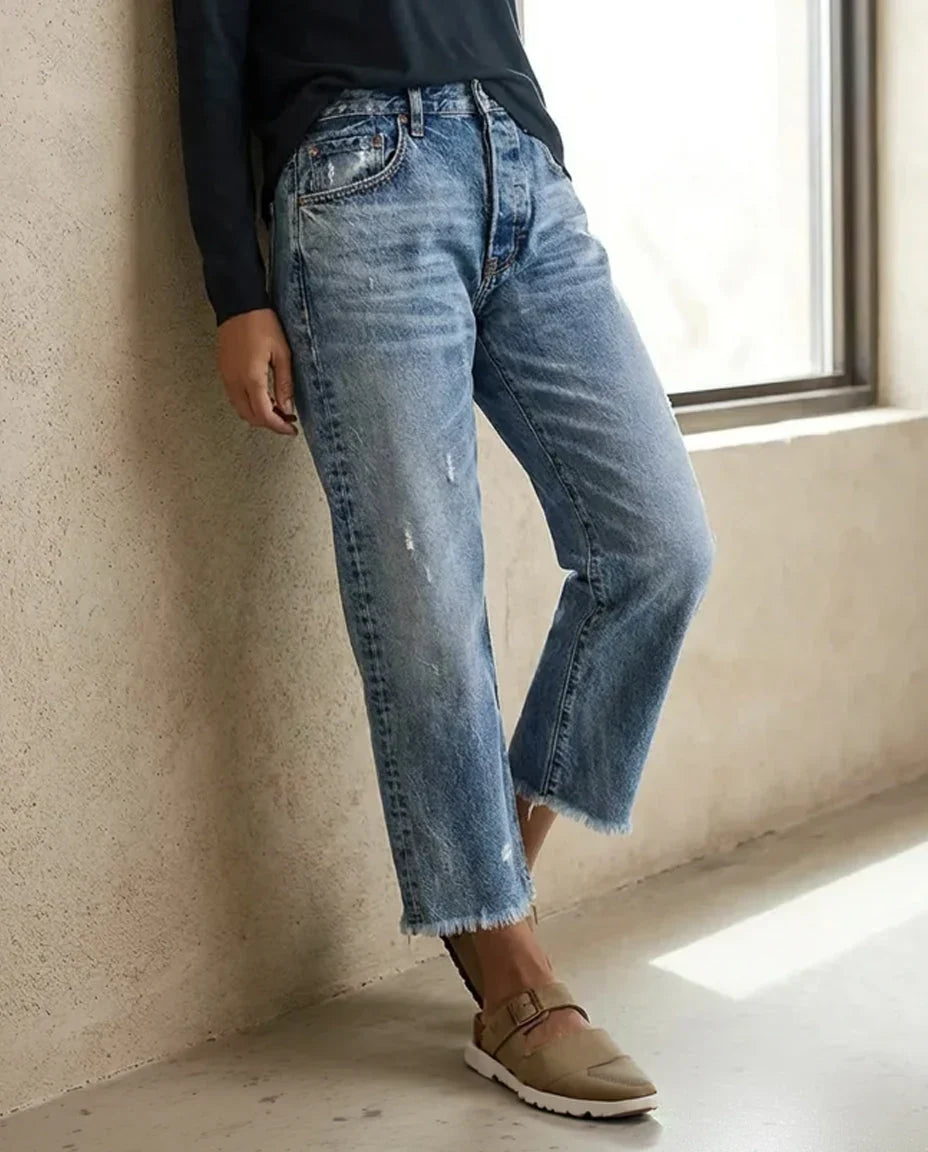 Women's Cropped Distressed Straight Leg Jeans Casual Everyday Stylish Fashion