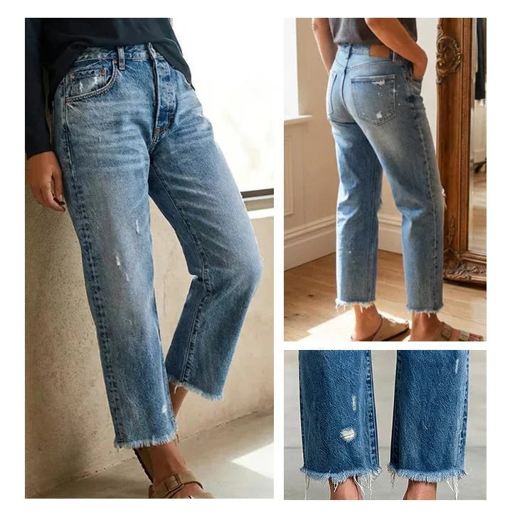 Women's Cropped Distressed Straight Leg Jeans Casual Everyday Stylish Fashion