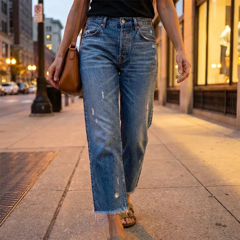 Women's Cropped Distressed Straight Leg Jeans Casual Everyday Stylish Fashion