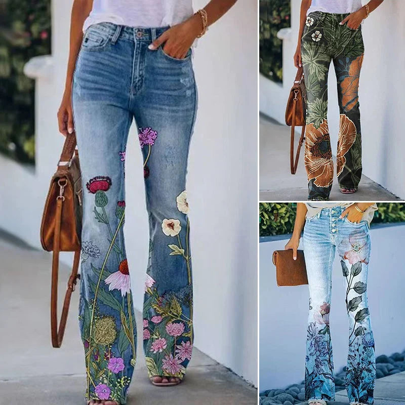 Women's Flare High Waist Maternity Jeans Floral Print Stylish Everyday Wear