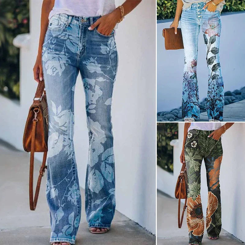 Women's Flare High Waist Maternity Jeans Floral Print Stylish Everyday Wear