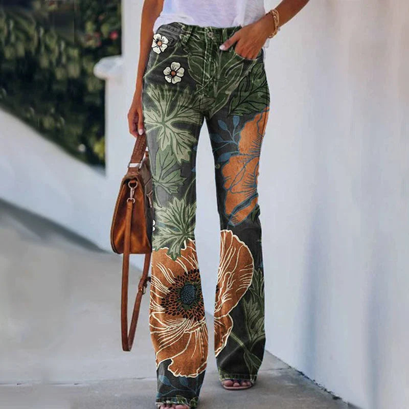 Women's Flare High Waist Maternity Jeans Floral Print Stylish Everyday Wear
