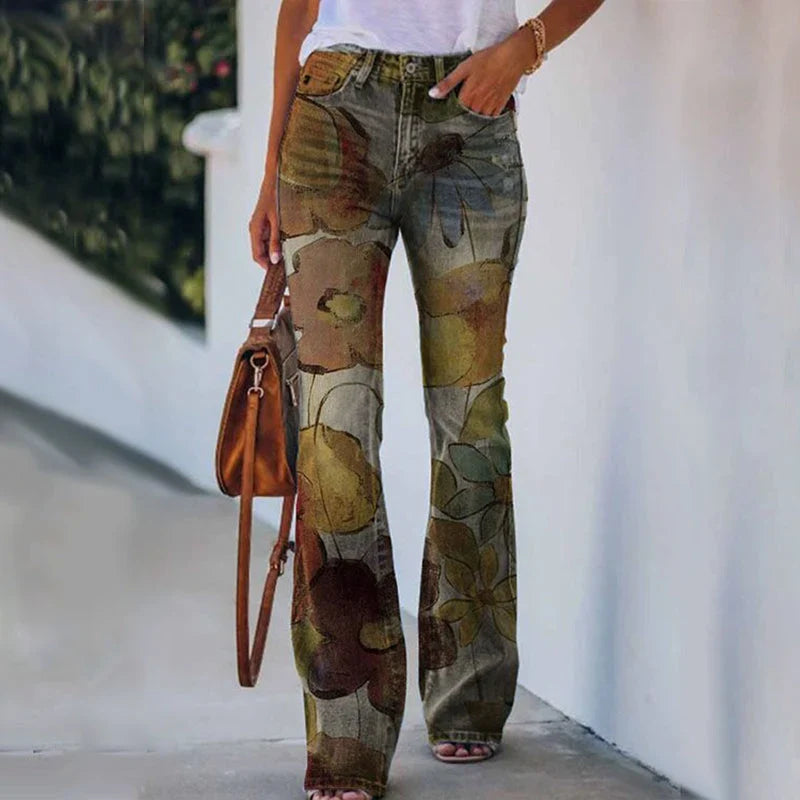 Women's Flare High Waist Maternity Jeans Floral Print Stylish Everyday Wear