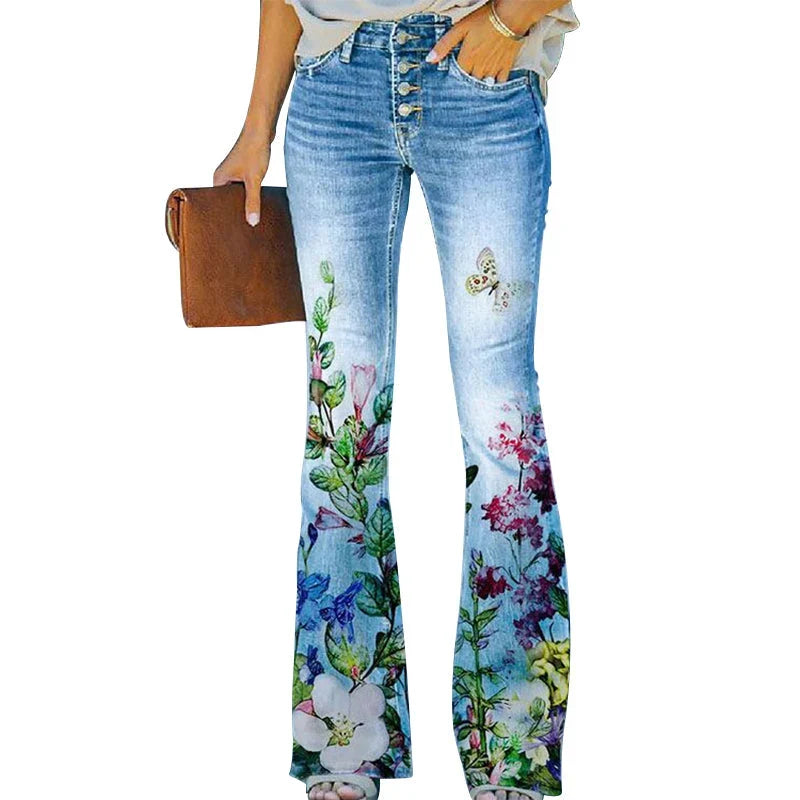 Women's Flare High Waist Maternity Jeans Floral Print Stylish Everyday Wear