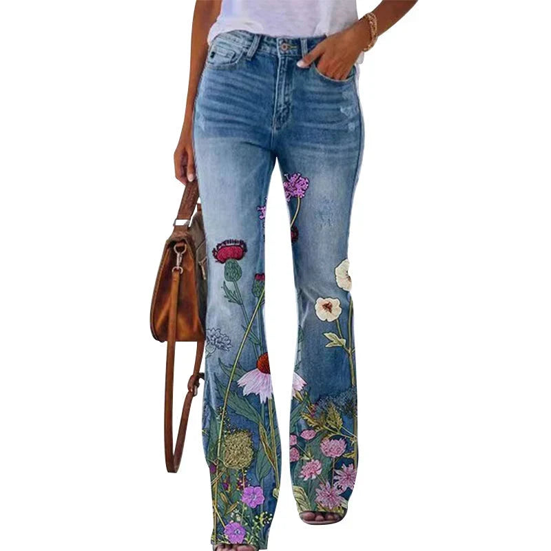 Women's Flare High Waist Maternity Jeans Floral Print Stylish Everyday Wear