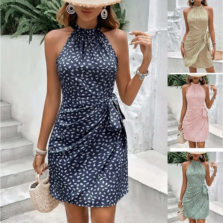 Women's Floral Halterneck Mini Tied Waist Dress Outfit for Summer Holidays Weddings Parties and Everyday Wear