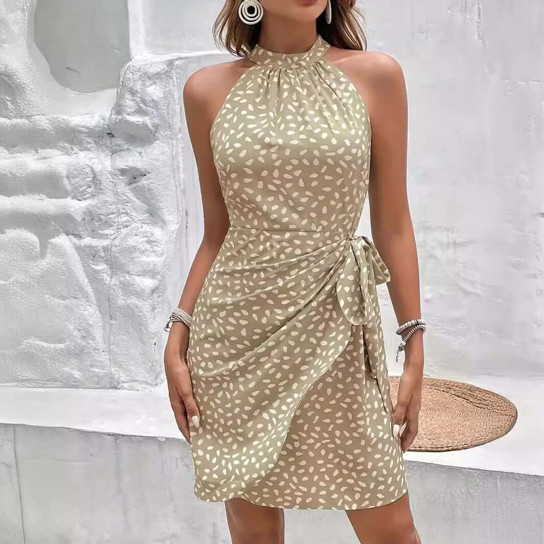 Women's Floral Halterneck Mini Tied Waist Dress Outfit for Summer Holidays Weddings Parties and Everyday Wear