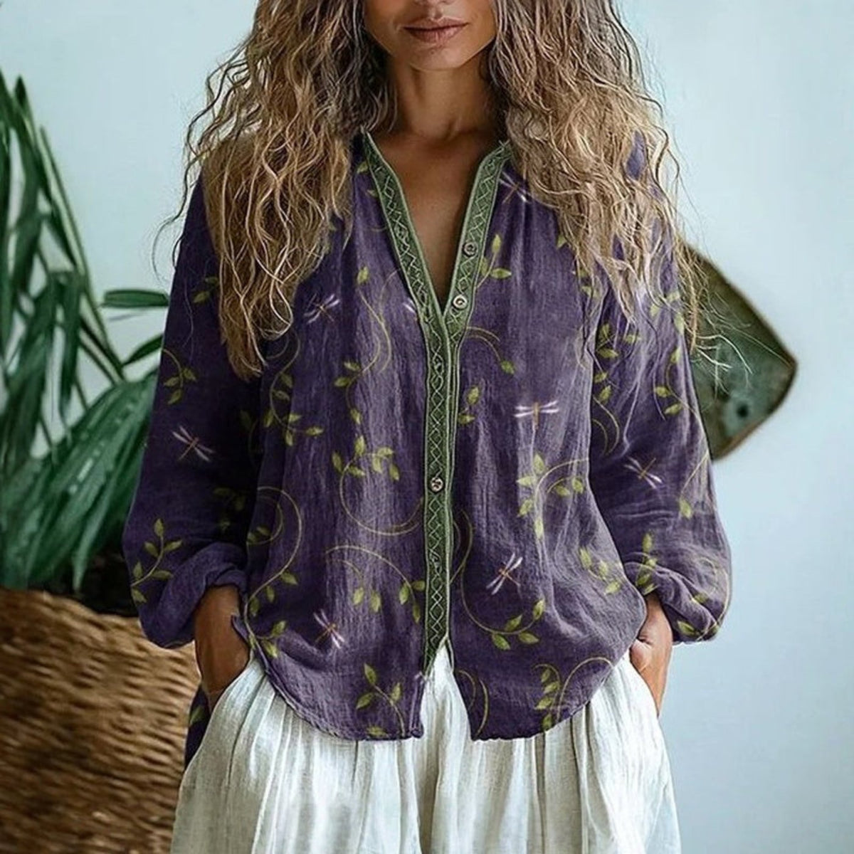 Women's Boho Button-Down Cardigan Blouse Long Sleeve V-Neck Casual Wear