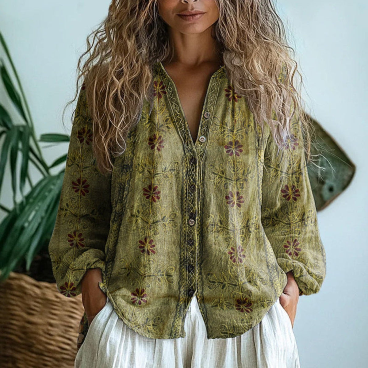 Women's Boho Button-Down Cardigan Blouse Long Sleeve V-Neck Casual Wear