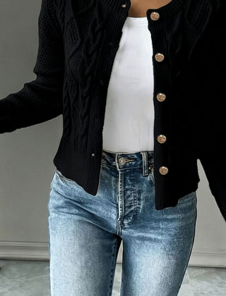Women's Cropped Cardigan Cable-Knit Button-Front Long Sleeve Casual Layering