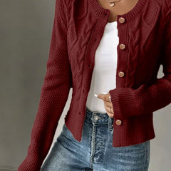 Women's Cropped Cardigan Cable-Knit Button-Front Long Sleeve Casual Layering