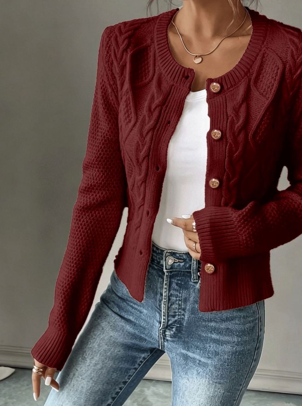 Women's Cropped Cardigan Cable-Knit Button-Front Long Sleeve Casual Layering