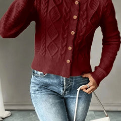 Women's Cropped Cardigan Cable-Knit Button-Front Long Sleeve Casual Layering