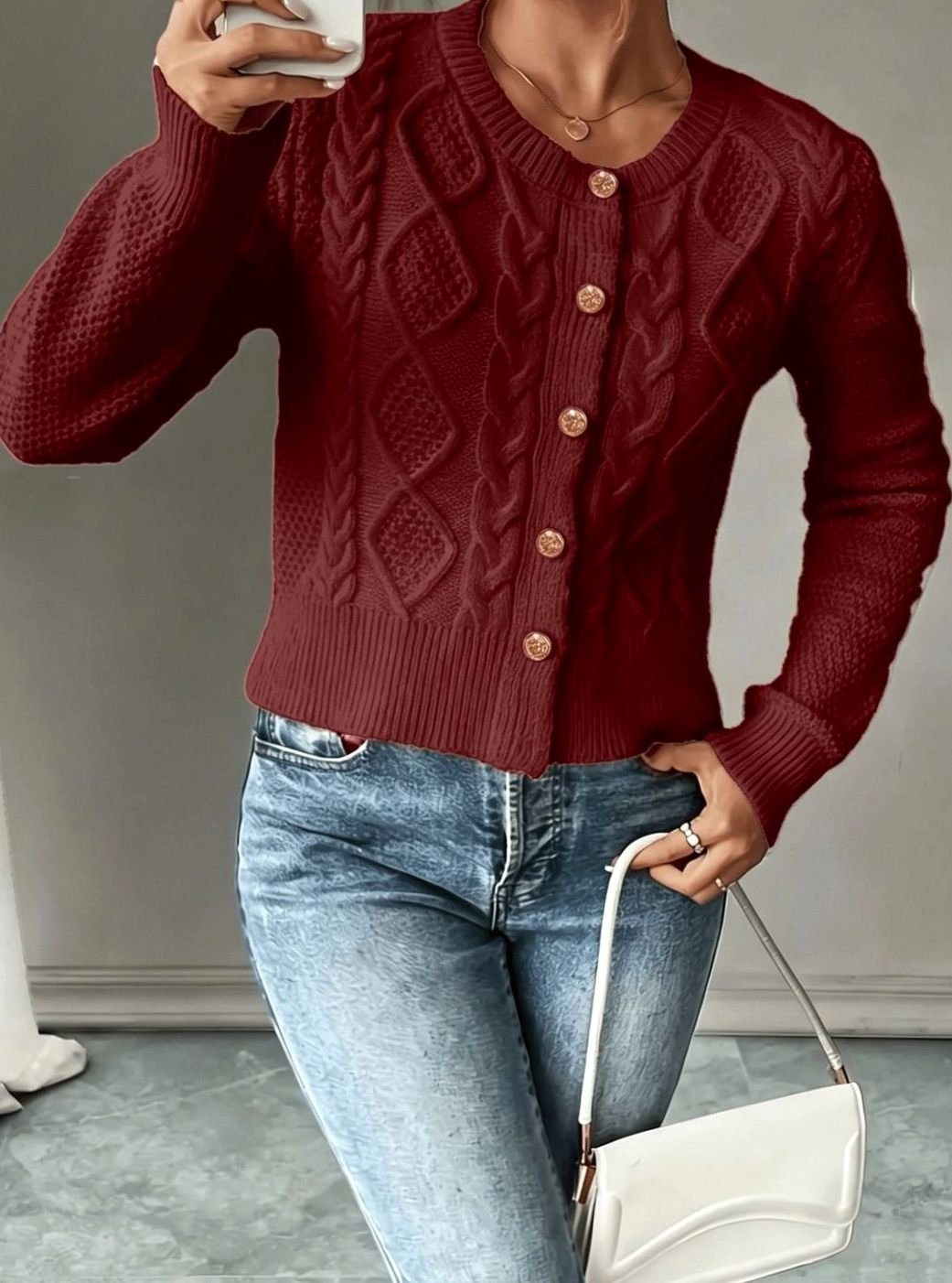 Women's Cropped Cardigan Cable-Knit Button-Front Long Sleeve Casual Layering
