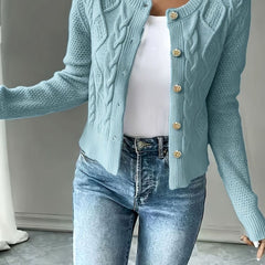 Women's Cropped Cardigan Cable-Knit Button-Front Long Sleeve Casual Layering