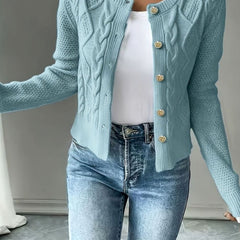 Women's Cropped Cardigan Cable-Knit Button-Front Long Sleeve Casual Layering