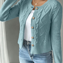 Women's Cropped Cardigan Cable-Knit Button-Front Long Sleeve Casual Layering