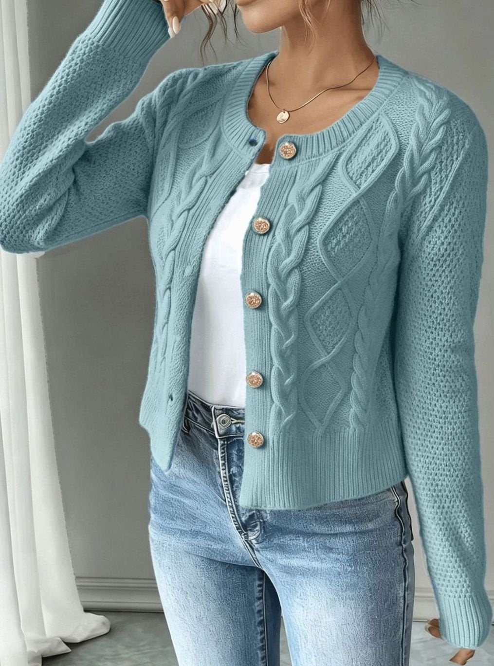 Women's Cropped Cardigan Cable-Knit Button-Front Long Sleeve Casual Layering