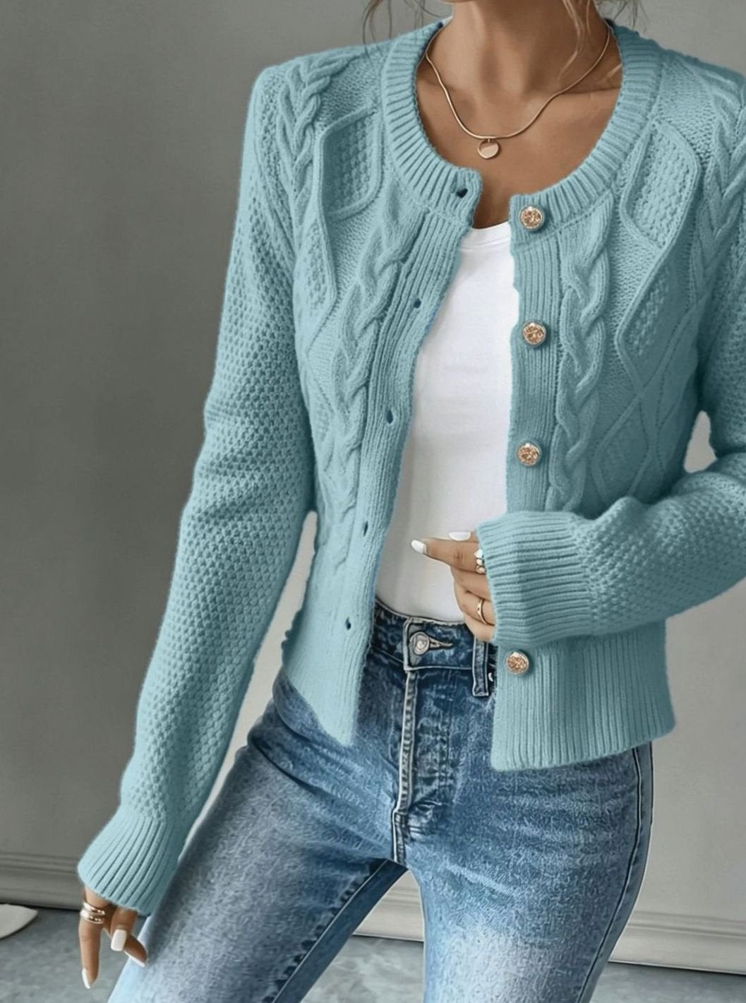 Women's Cropped Cardigan Cable-Knit Button-Front Long Sleeve Casual Layering