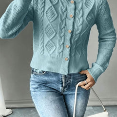 Women's Cropped Cardigan Cable-Knit Button-Front Long Sleeve Casual Layering