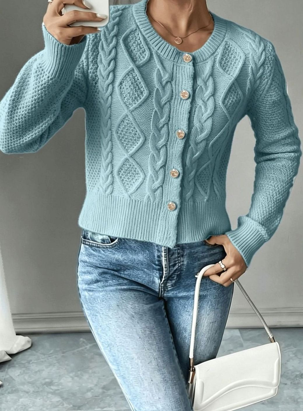 Women's Cropped Cardigan Cable-Knit Button-Front Long Sleeve Casual Layering