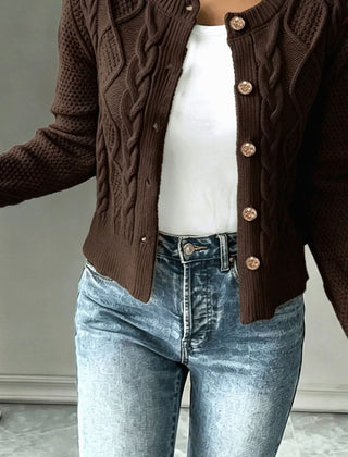 Women's Cropped Cardigan Cable-Knit Button-Front Long Sleeve Casual Layering