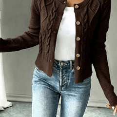 Women's Cropped Cardigan Cable-Knit Button-Front Long Sleeve Casual Layering