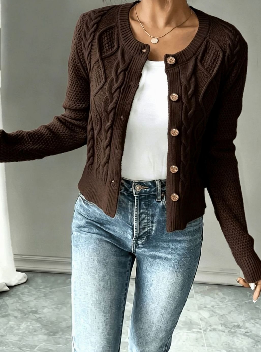 Women's Cropped Cardigan Cable-Knit Button-Front Long Sleeve Casual Layering