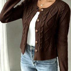Women's Cropped Cardigan Cable-Knit Button-Front Long Sleeve Casual Layering