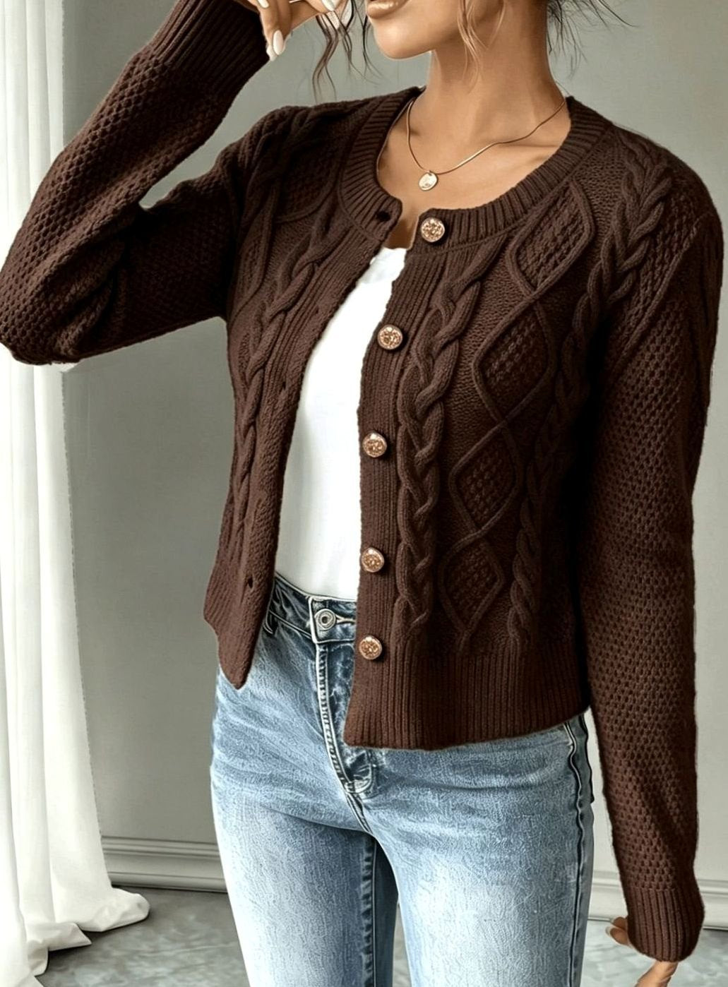 Women's Cropped Cardigan Cable-Knit Button-Front Long Sleeve Casual Layering