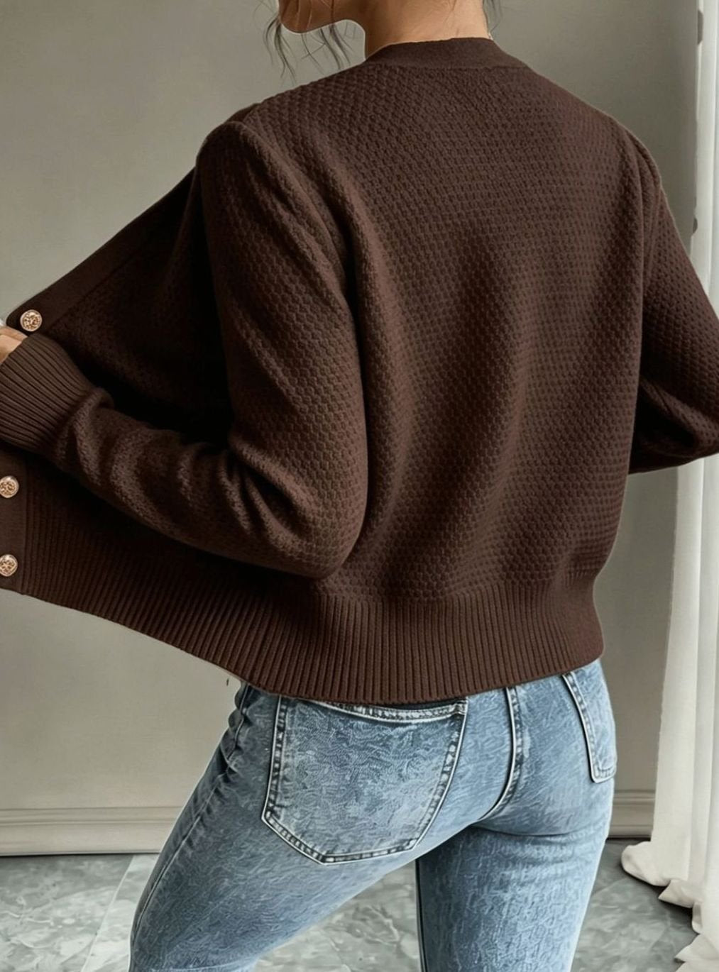Women's Cropped Cardigan Cable-Knit Button-Front Long Sleeve Casual Layering