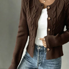 Women's Cropped Cardigan Cable-Knit Button-Front Long Sleeve Casual Layering