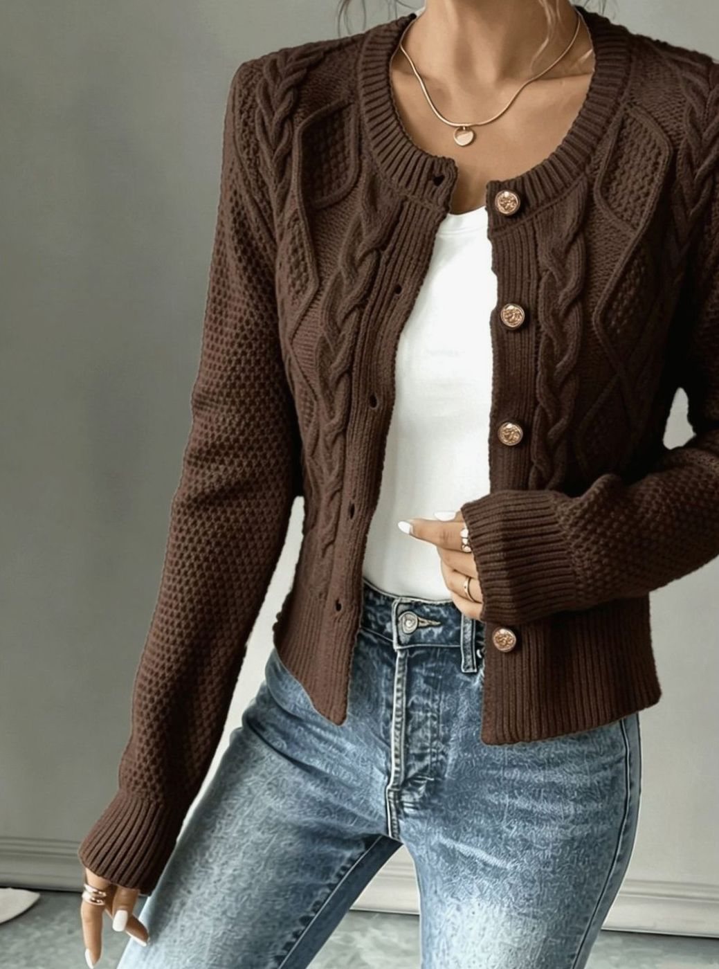 Women's Cropped Cardigan Cable-Knit Button-Front Long Sleeve Casual Layering