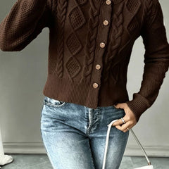 Women's Cropped Cardigan Cable-Knit Button-Front Long Sleeve Casual Layering