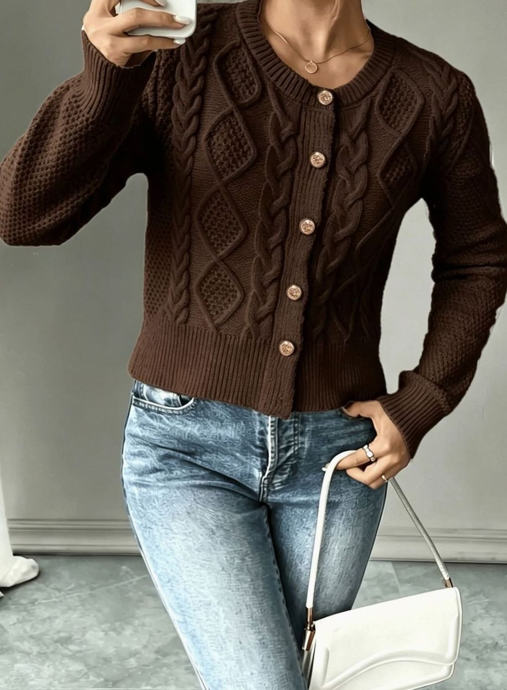 Women's Cropped Cardigan Cable-Knit Button-Front Long Sleeve Casual Layering