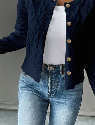 Women's Cropped Cardigan Cable-Knit Button-Front Long Sleeve Casual Layering