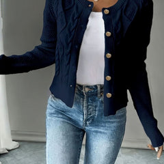 Women's Cropped Cardigan Cable-Knit Button-Front Long Sleeve Casual Layering