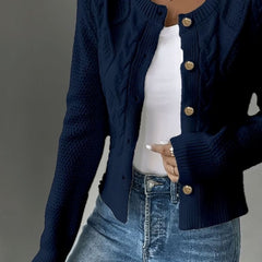 Women's Cropped Cardigan Cable-Knit Button-Front Long Sleeve Casual Layering