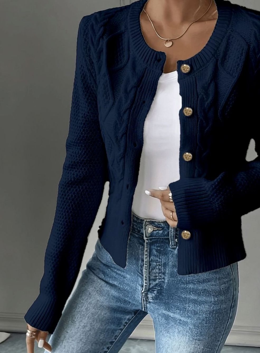 Women's Cropped Cardigan Cable-Knit Button-Front Long Sleeve Casual Layering