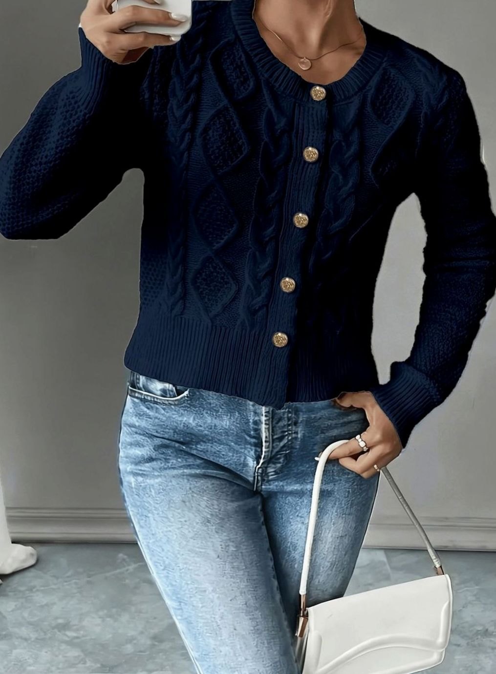 Women's Cropped Cardigan Cable-Knit Button-Front Long Sleeve Casual Layering