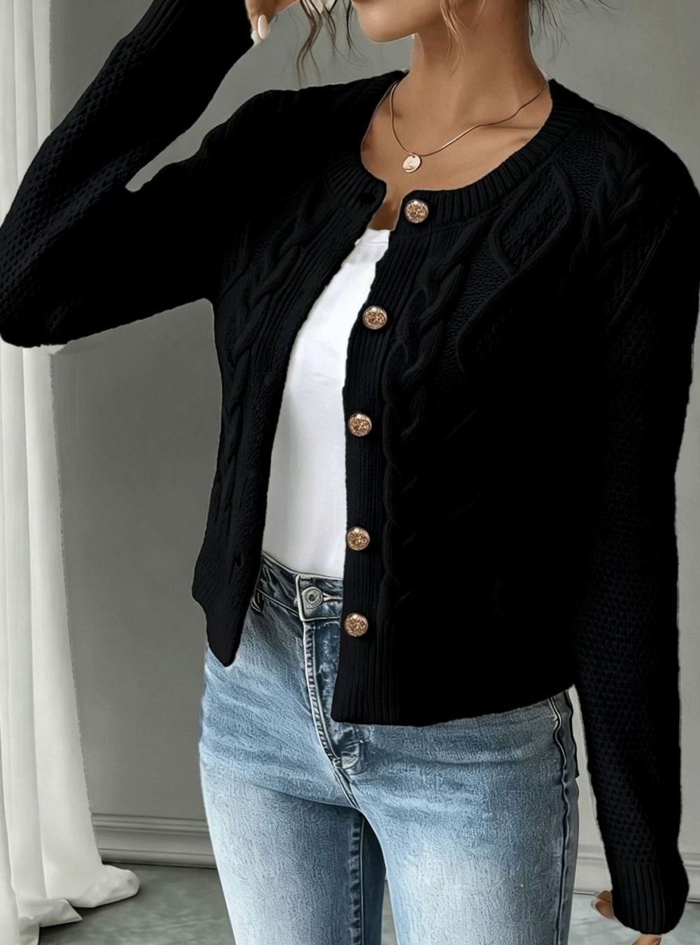 Women's Cropped Cardigan Cable-Knit Button-Front Long Sleeve Casual Layering