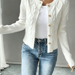 Women's Cropped Cardigan Cable-Knit Button-Front Long Sleeve Casual Layering