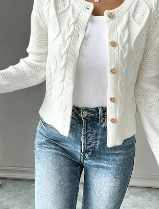 Women's Cropped Cardigan Cable-Knit Button-Front Long Sleeve Casual Layering