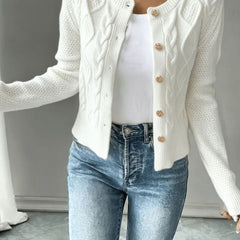 Women's Cropped Cardigan Cable-Knit Button-Front Long Sleeve Casual Layering