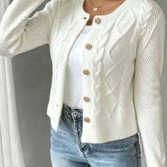 Women's Cropped Cardigan Cable-Knit Button-Front Long Sleeve Casual Layering