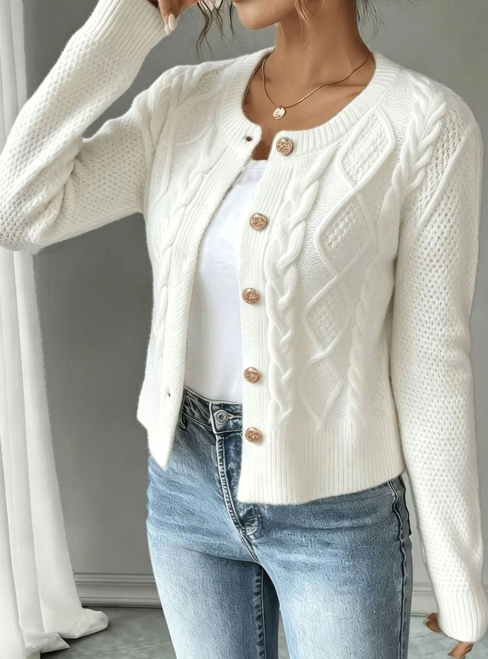 Women's Cropped Cardigan Cable-Knit Button-Front Long Sleeve Casual Layering